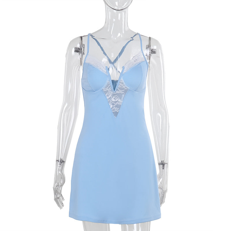 Satin Lace Trim Deep V-Neck Spaghetti Strap Slip Mini Dress 4