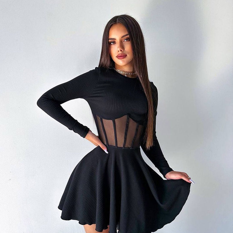 Long Sleeve Sheer Mesh Corset Waist Fit and Flare Mini Dress