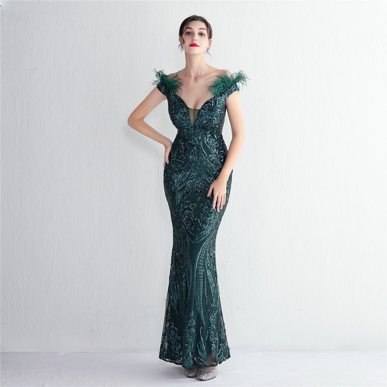 Off Shoulder Feather Deep V-Neck Sequin Mermaid Gown