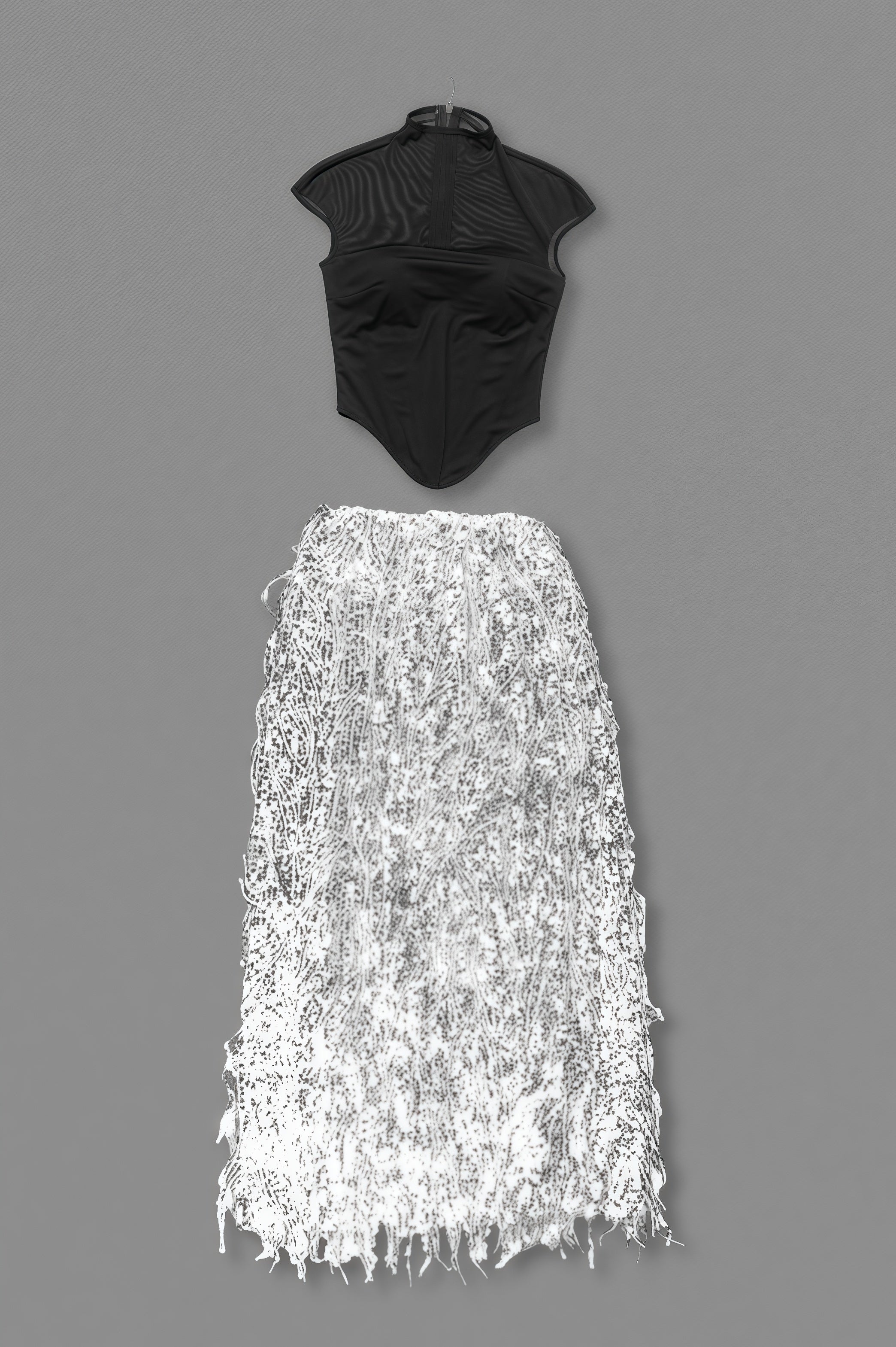 Mesh Mock Neck Cap Sleeve Corset Bodice Sequin Fringe Skirt Two-Piece Set