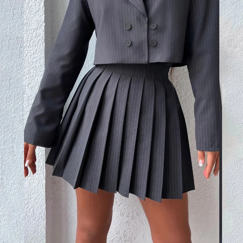 Pinstripe Cropped Double Breasted Blazer and Pleated Mini Skirt Two Piece Set 3