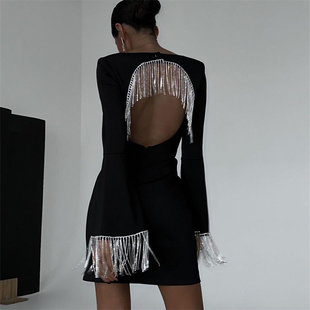 Long Sleeve Open Back Rhinestone Fringe Trim Mini Dress