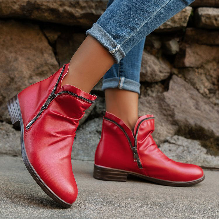 Double side zip pleated leather ankle boots