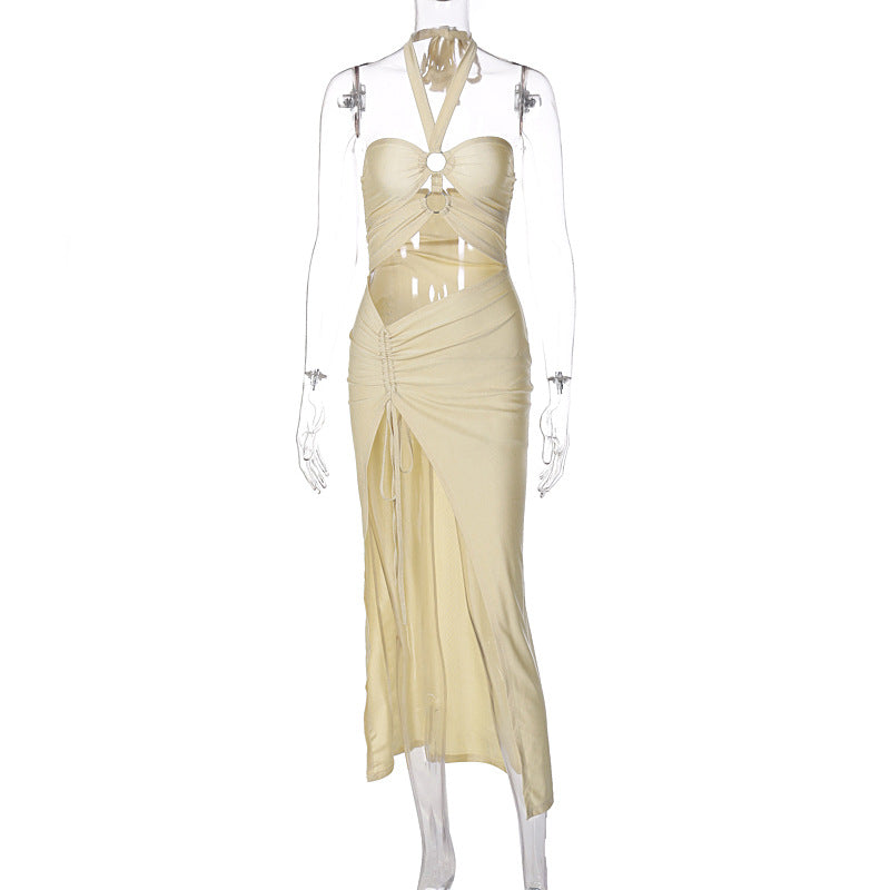 Halter Neck Cut Out O Ring High Split Bodycon Maxi Dress - View 5