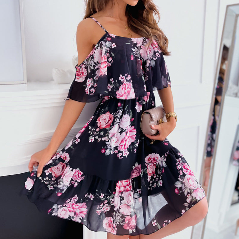 Floral Cold Shoulder Spaghetti Strap Ruffle Mini Dress 3