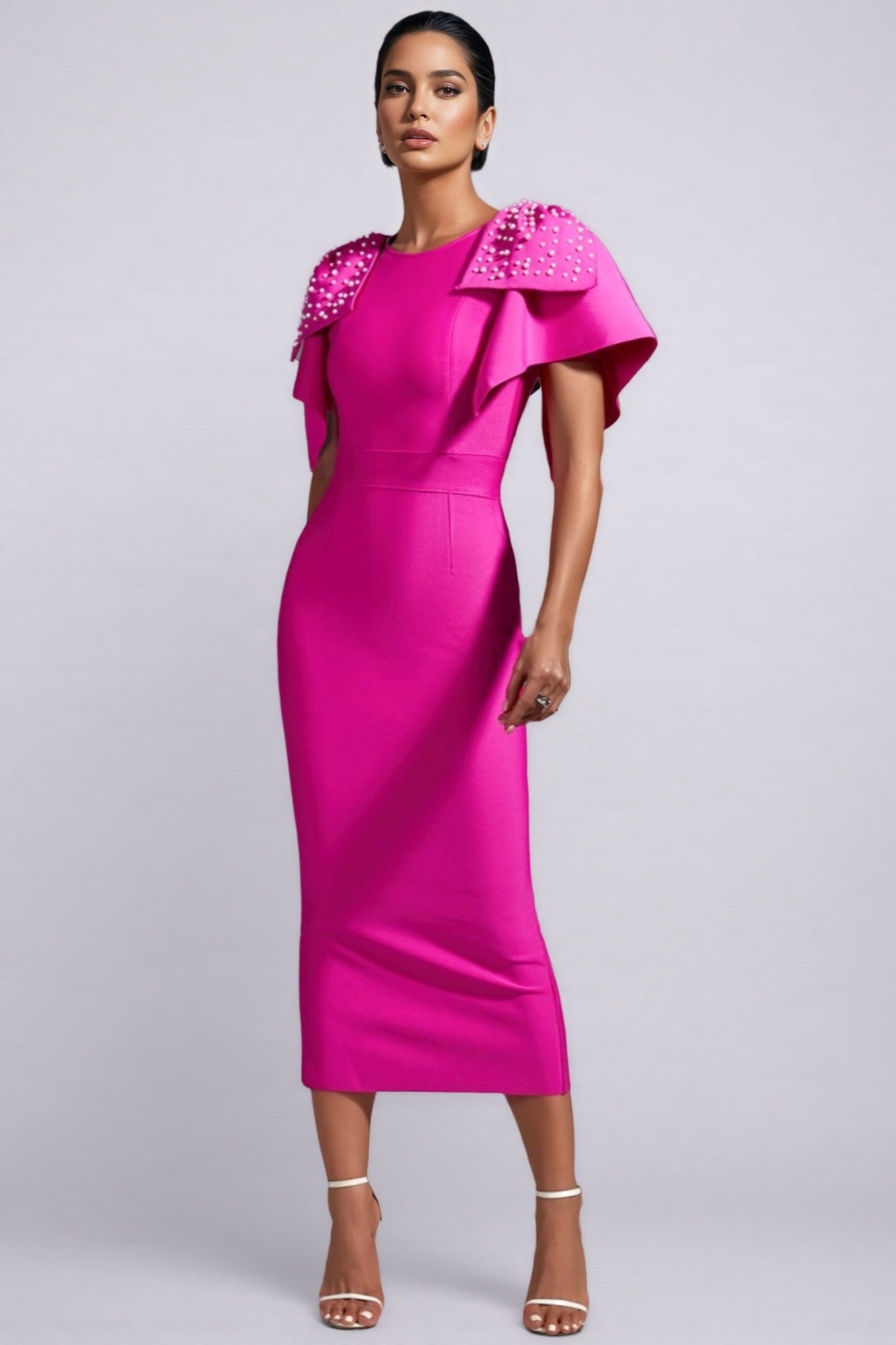 Pearl Embellished Ruffle Cape Sleeve Bodycon Midi Dress