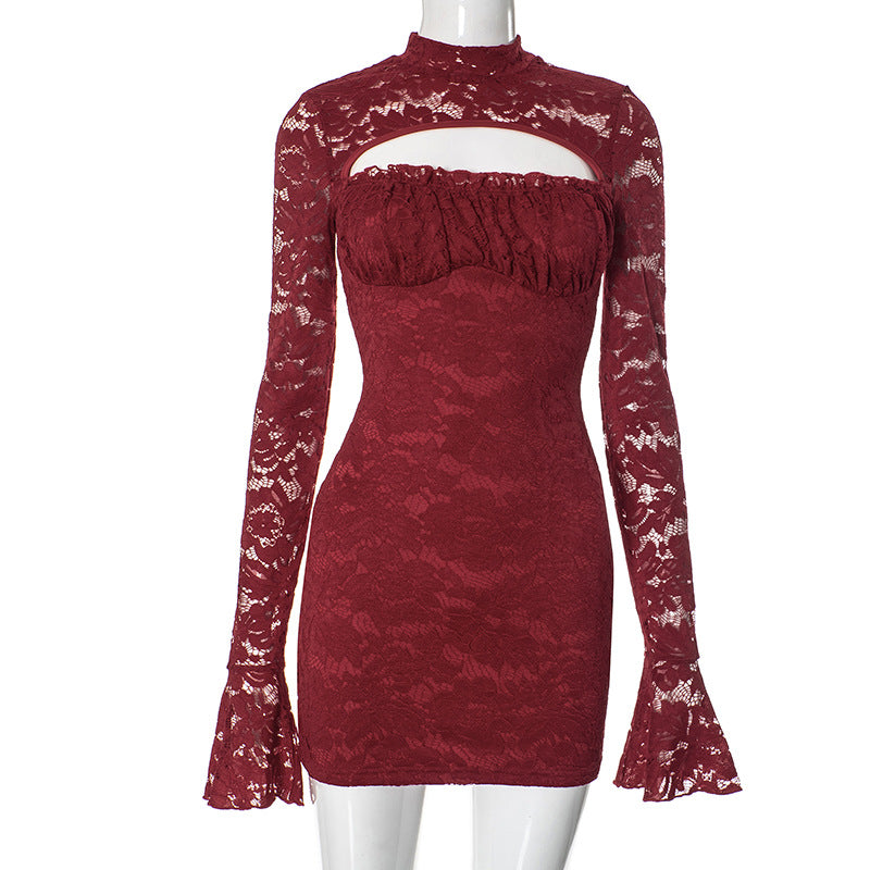 Lace Mock Neck Chest Cut Out Bell Sleeve Bodycon Mini Dress