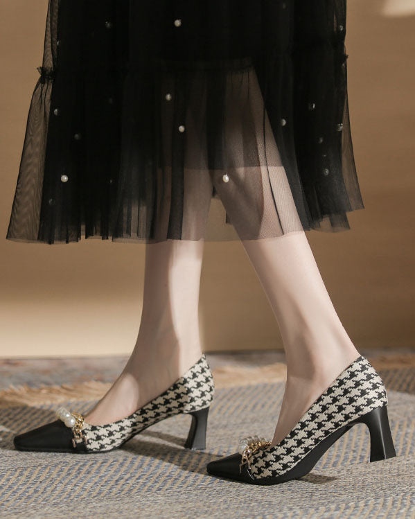 Pearl-Embellished Chunky Heel Plaid Velvet Shoes