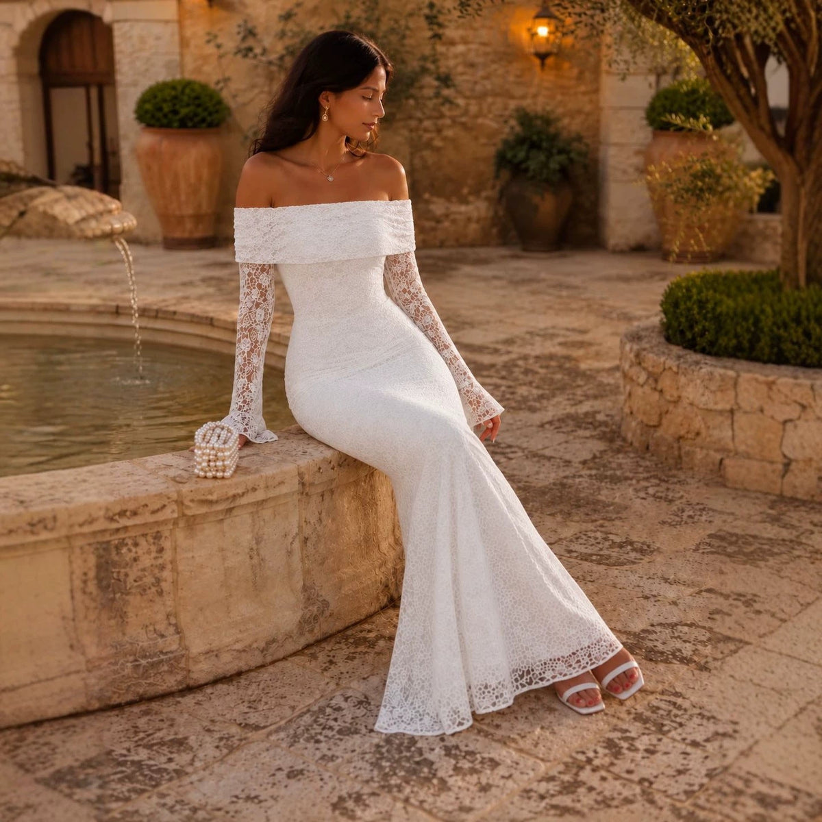 Off Shoulder Lace Long Sleeve Slim Fishtail Dress Bride Wedding Dress