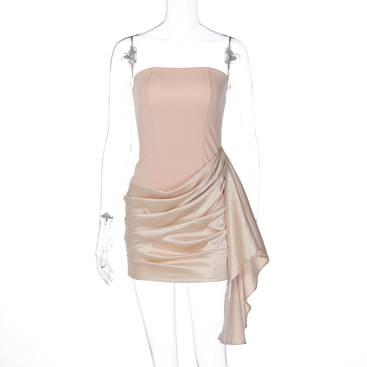Strapless Satin Draped Wrap Skirt Bodycon Mini Dress 6