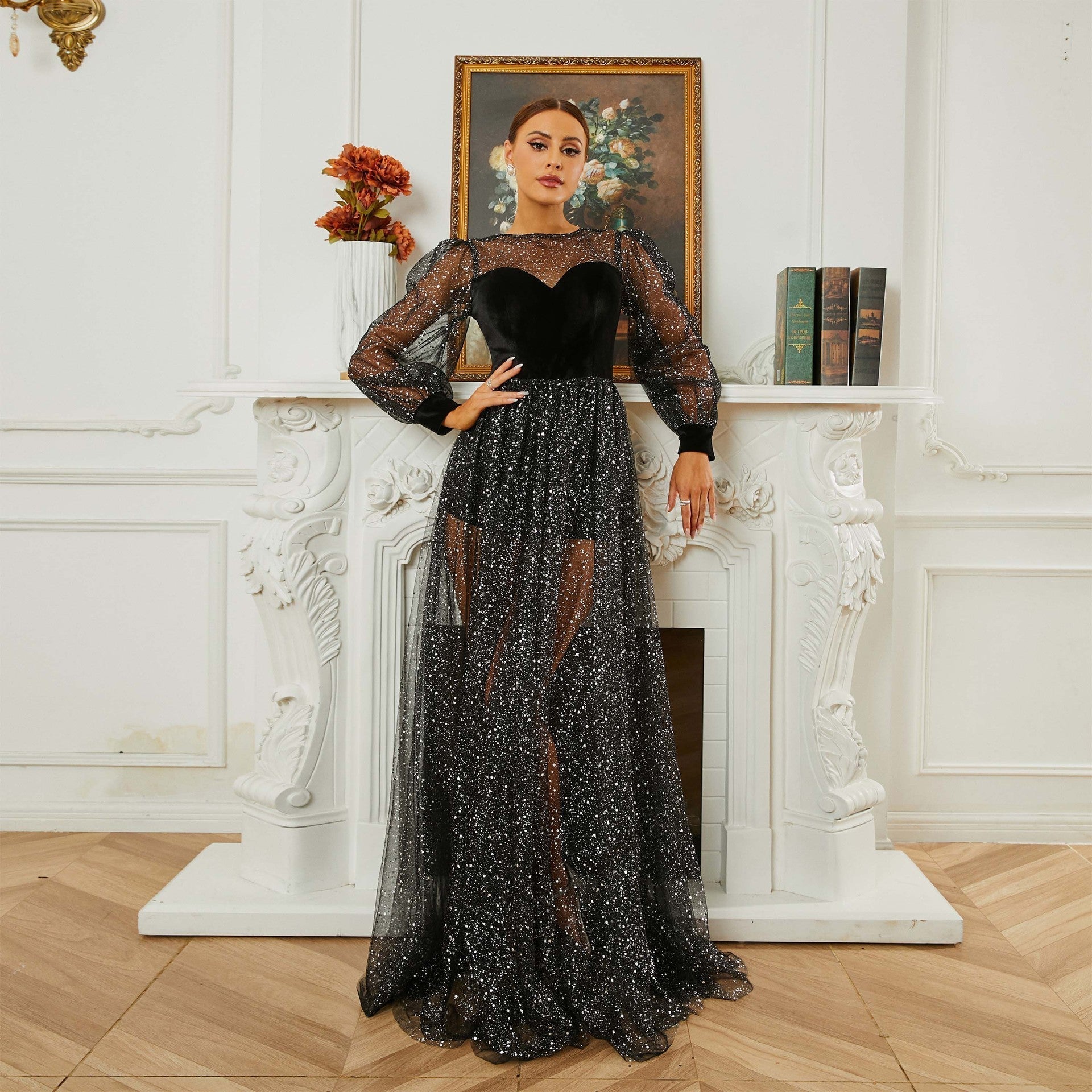 Glitter Round Neck Puff Sleeve Sheer Tulle A-Line Maxi Dress