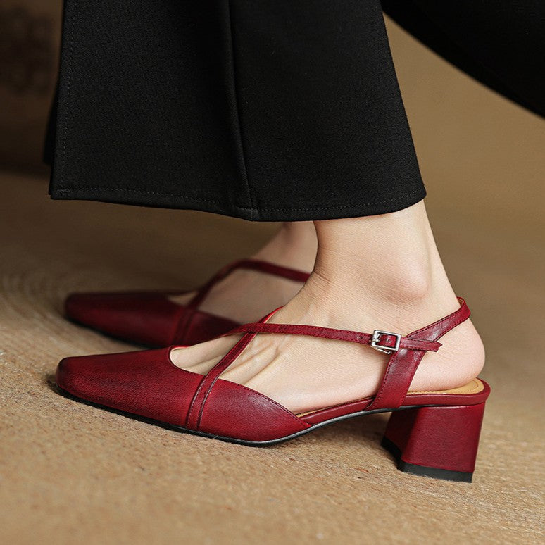 Square Toe Cross Strap Block Heel Slingback Pumps