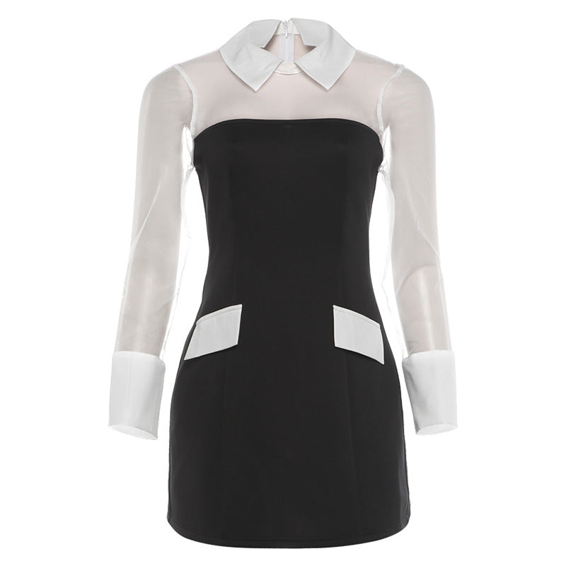Collared Sheer Mesh Long Sleeve Contrast Trim Strapless Look Mini Dress 2