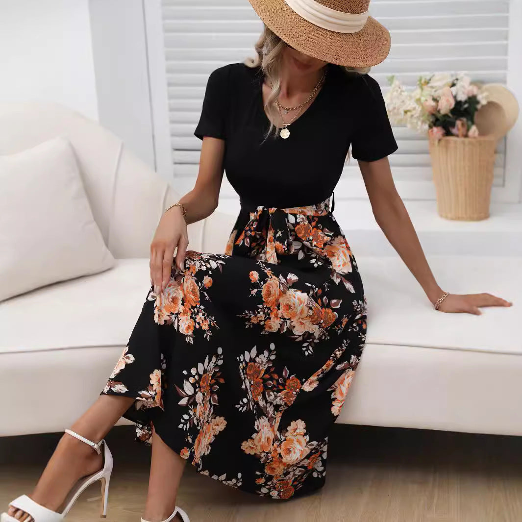 Ribbed Knit V-Neck Short Sleeve Floral Print Tie Waist Midi Dress 4