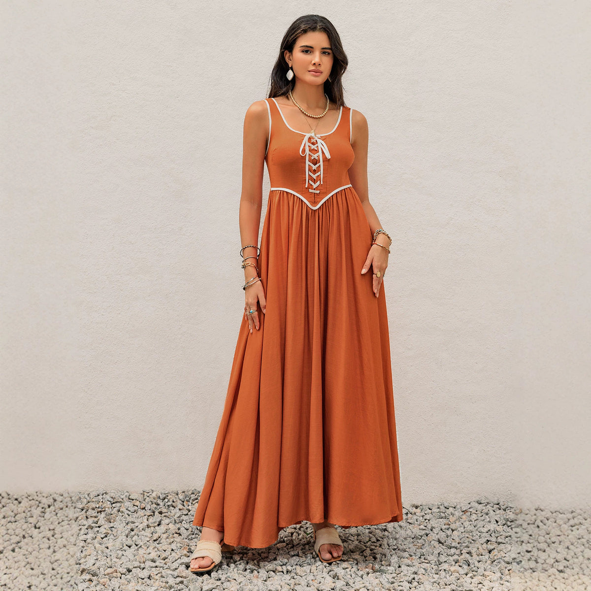 Contrast Piping Scoop Neck Sleeveless Lace Up Front Fit and Flare Maxi Dress