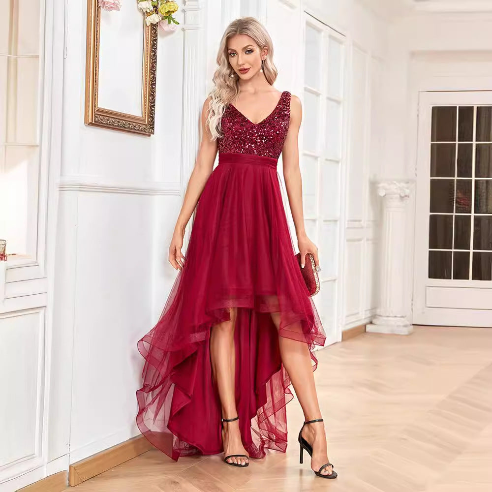 Sequin V-Neck Tulle High Low Midi Dress