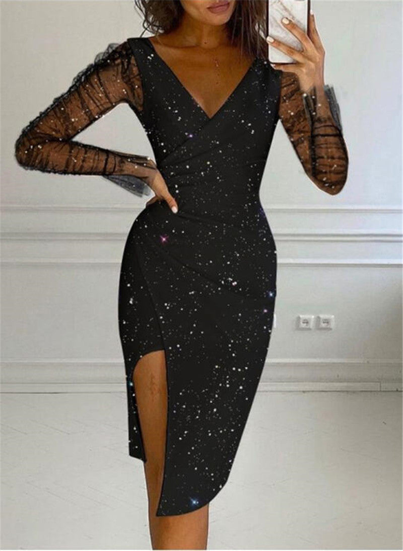 Glitter Star Print Mesh Long Sleeve Deep V-Neck Wrap Cocktail Dress