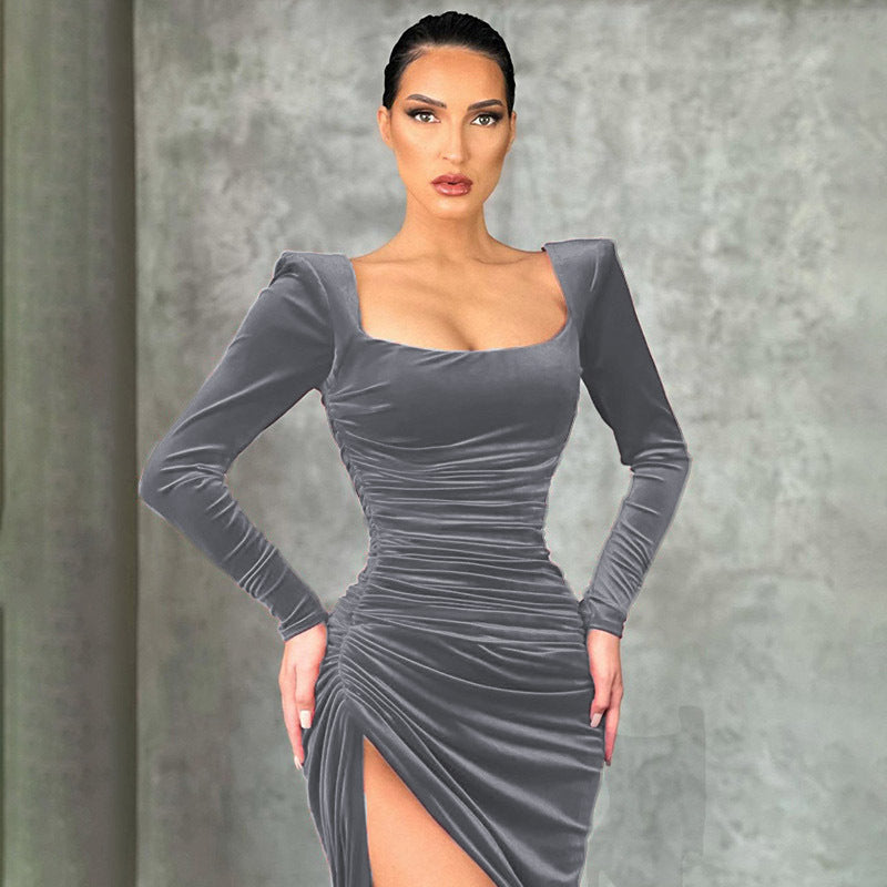 Velvet Square Neck Long Sleeve Ruched High Split Bodycon Midi Dress 5