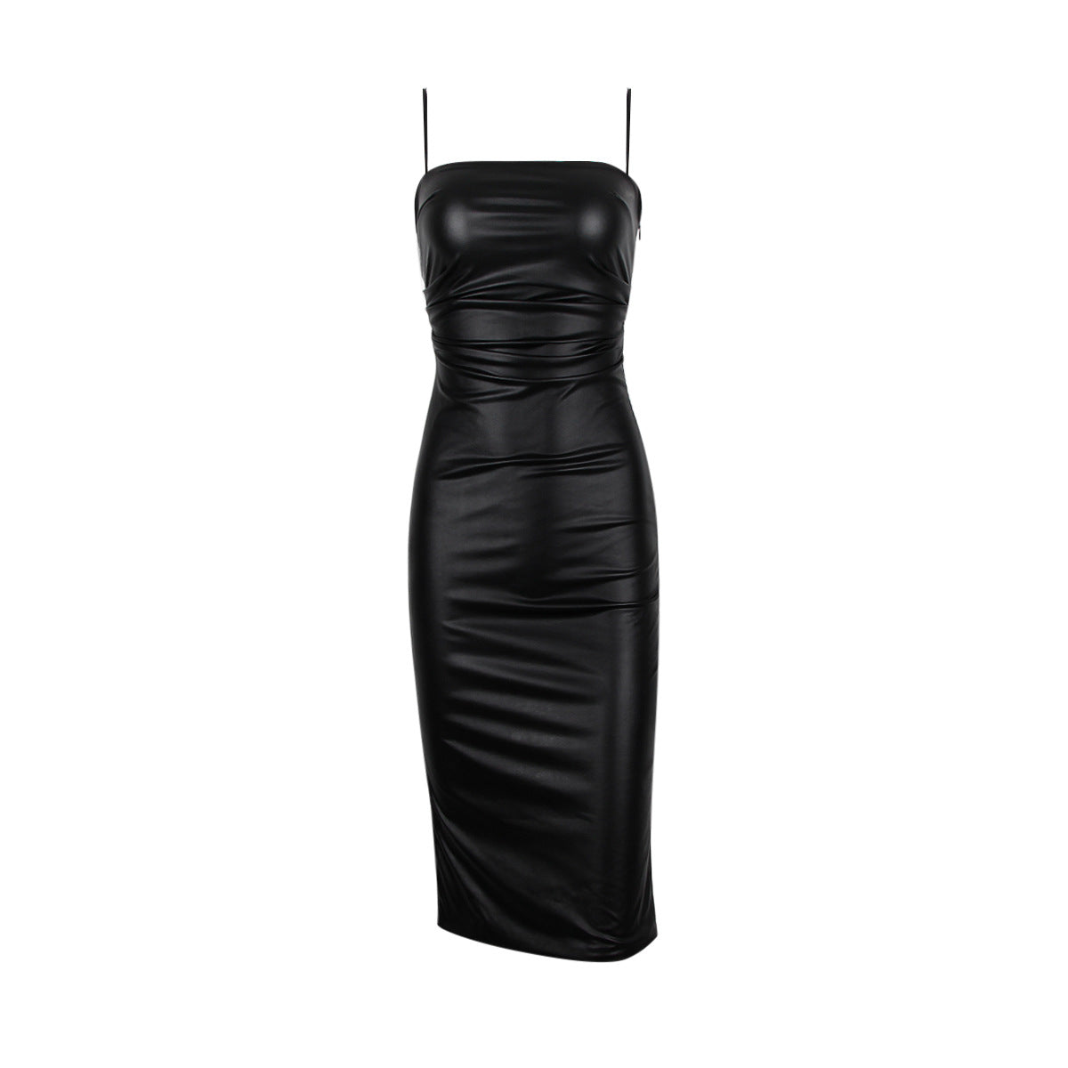 Faux Leather Square Neck Spaghetti Strap Ruched Bodycon Midi Dress 5