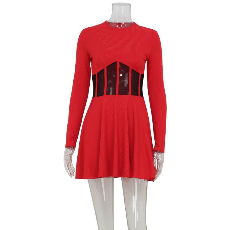 Long Sleeve Sheer Mesh Corset Waist Fit and Flare Mini Dress