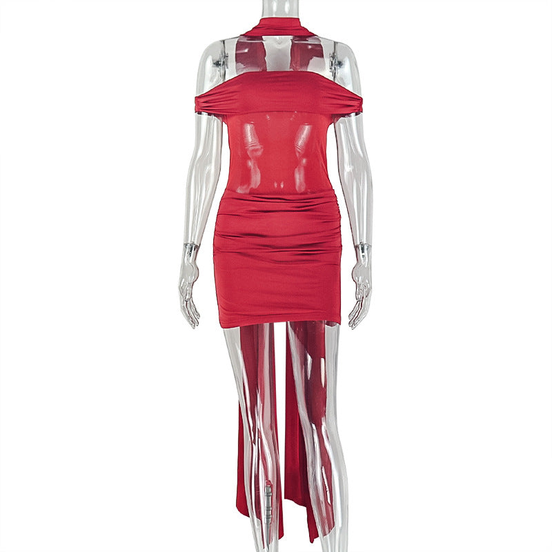Off Shoulder Mesh Panel Ruched Mini Dress with Scarf Choker 2