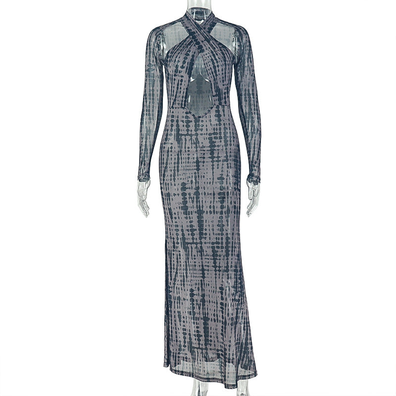 Sheer Mesh Print Twist Halter Keyhole Cut Out Long Sleeve Mermaid Maxi Dress 2