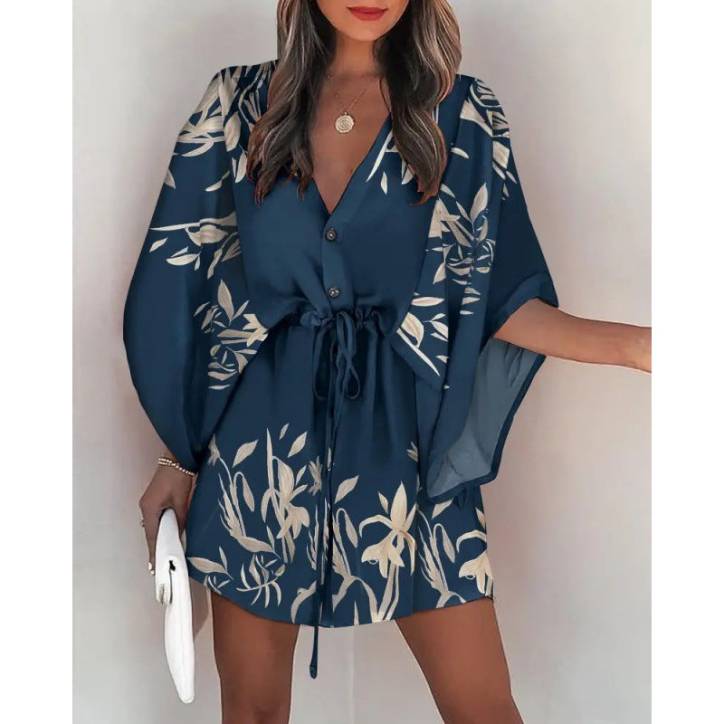Abstract Geometric Print Deep V-Neck Batwing Sleeve Button Up Mini Dress