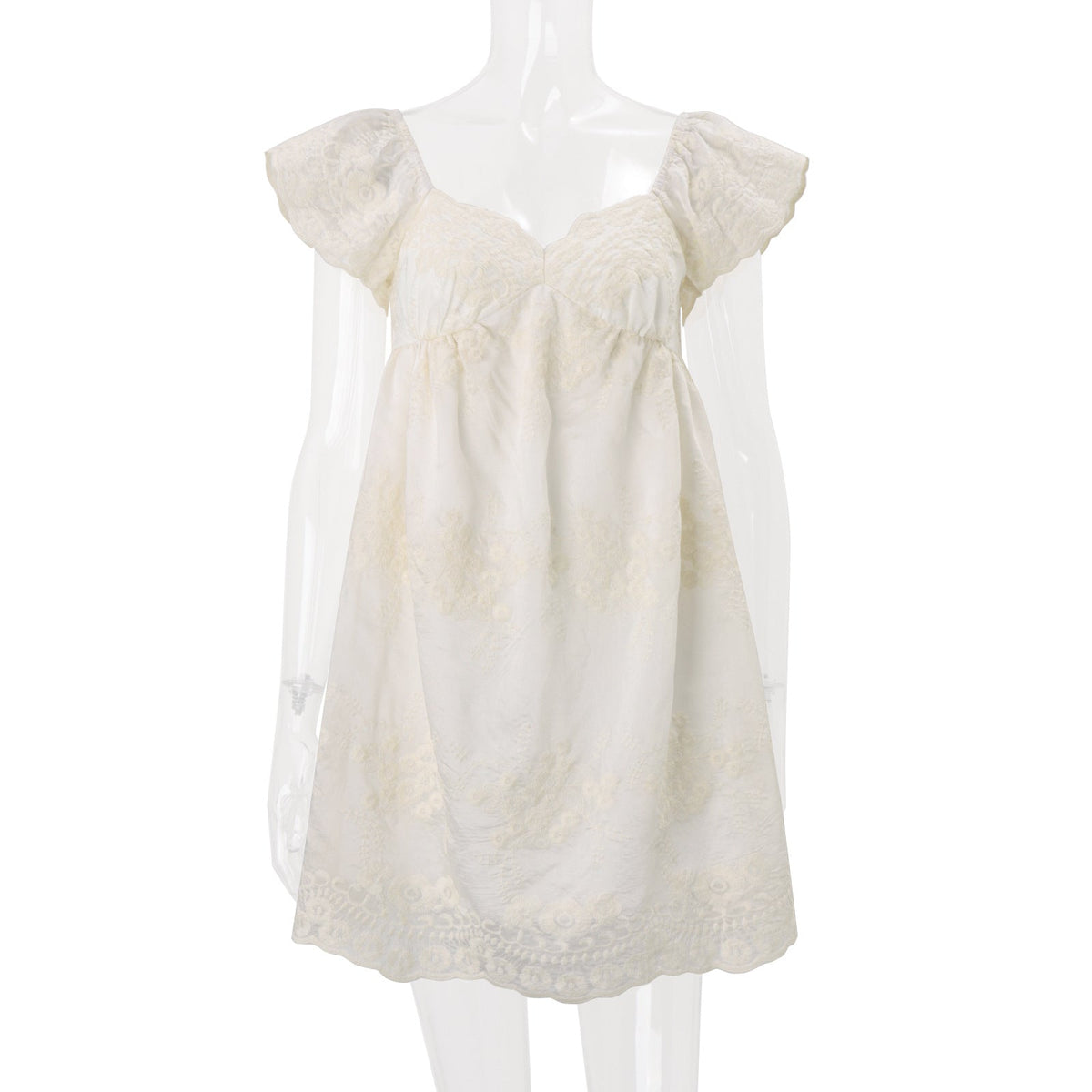 Lace Embroidered Sweetheart Neck Flutter Sleeve Babydoll Mini Dress 5