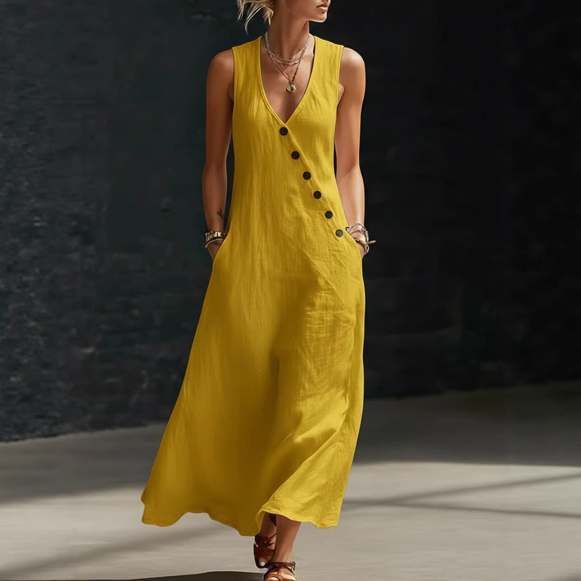V-Neck Sleeveless Button Front Linen Maxi Dress