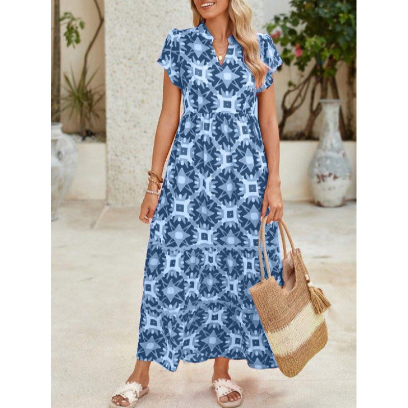 V-Neck Short Sleeve Geometric Print Tiered Maxi Dress 8