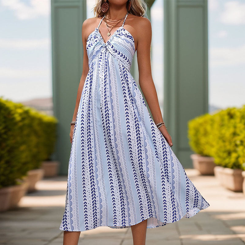 Geometric Print Halter V-Neck Twist Front Flowy Midi Dress 4