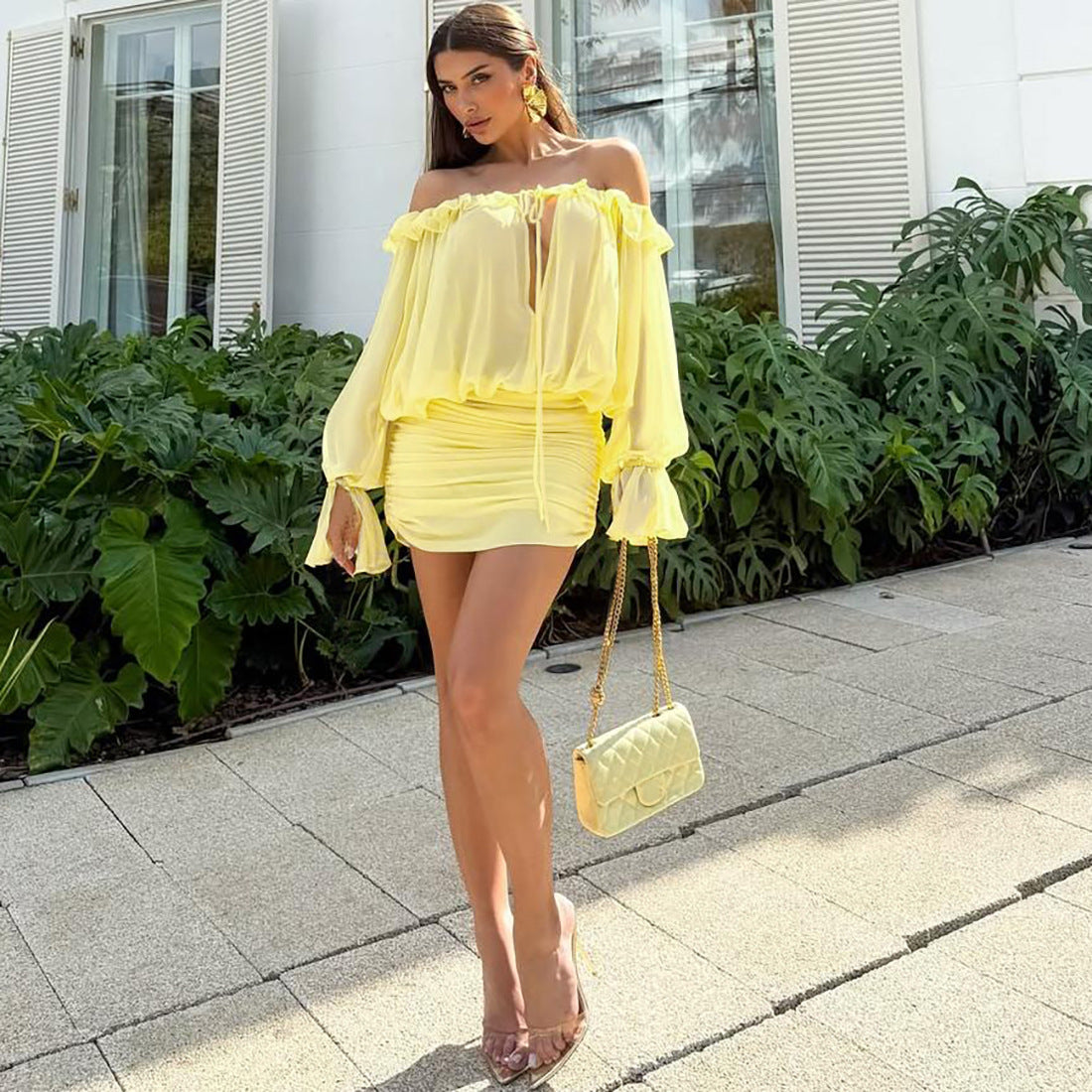 Off Shoulder Sheer Ruffle Blouson Sleeve Keyhole Ruched Mini Dress 4