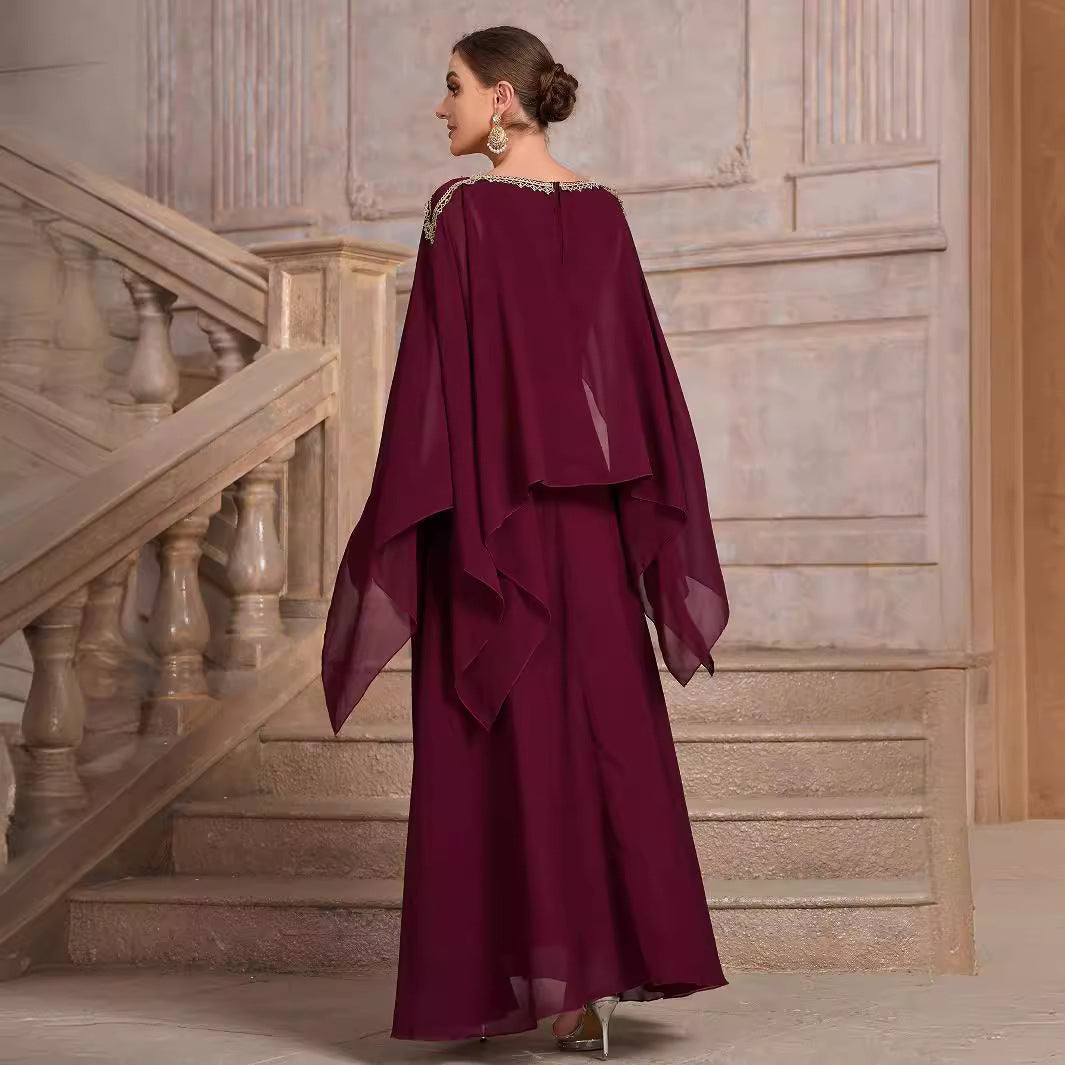 Chiffon Beaded Neckline Sheer Batwing Cape Sleeve Belted Formal Maxi Gown