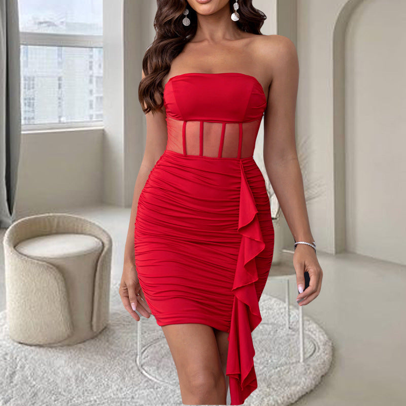 Strapless Mesh Corset Panel Ruched Cascade Ruffle Bodycon Mini Party Dress