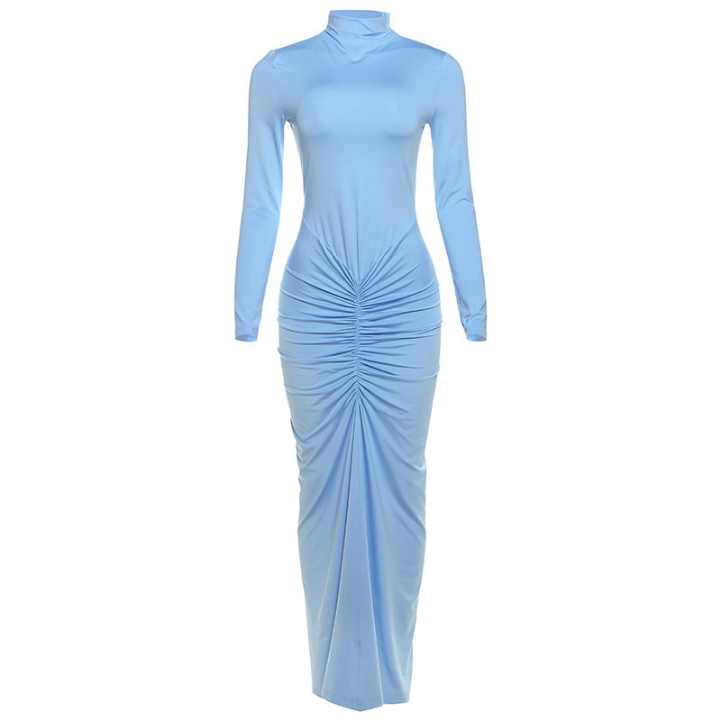 Mock Neck Long Sleeve Ruched Front Bodycon Maxi Dress 6