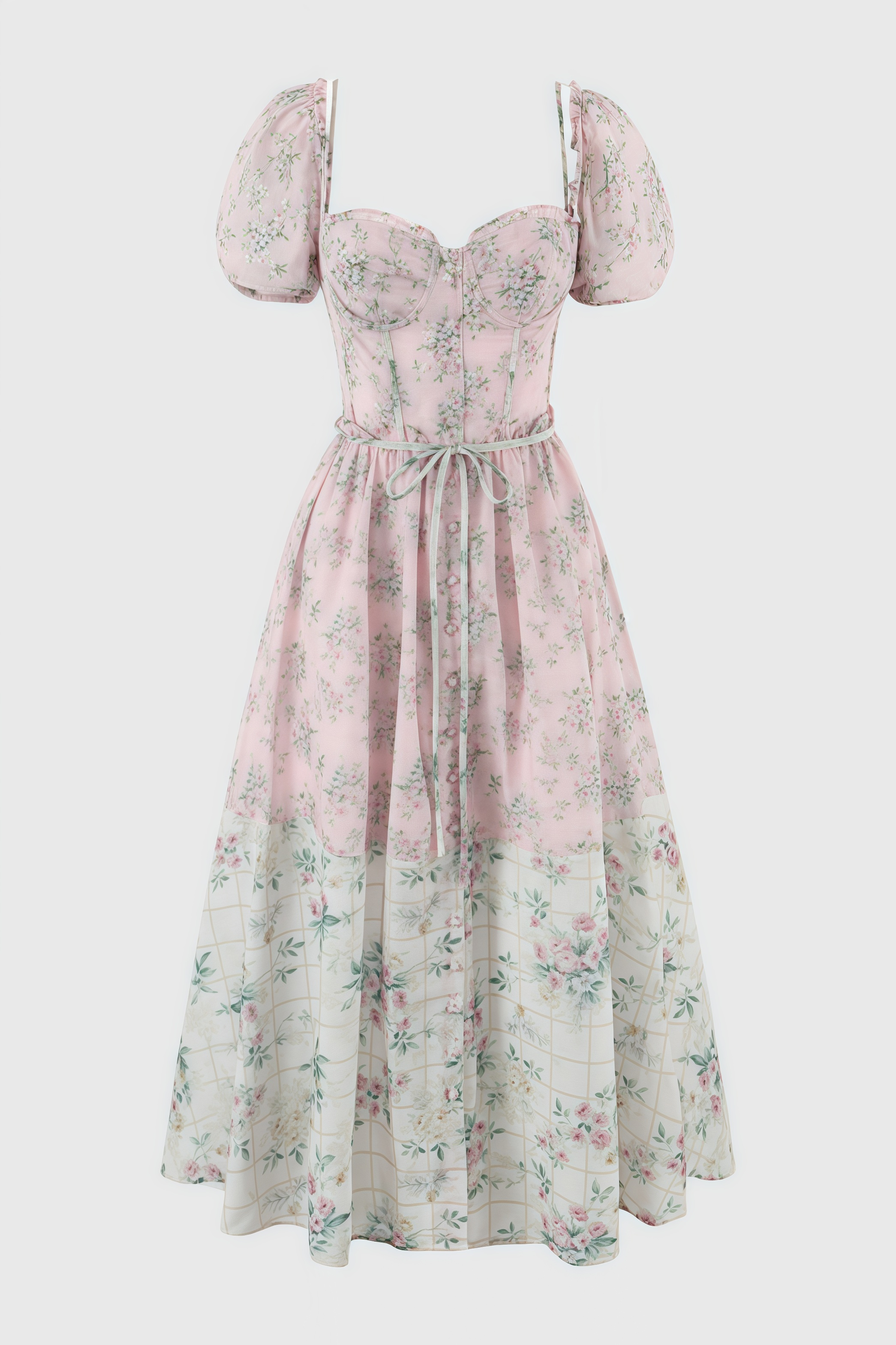 Floral Print Sweetheart Puff Sleeve Corset A-Line Midi Dress