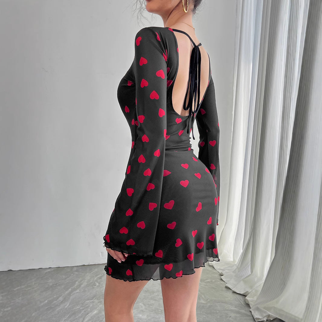 Spring Summer Ladies Heart Printing Bell Sleeve Backless Mesh Dress