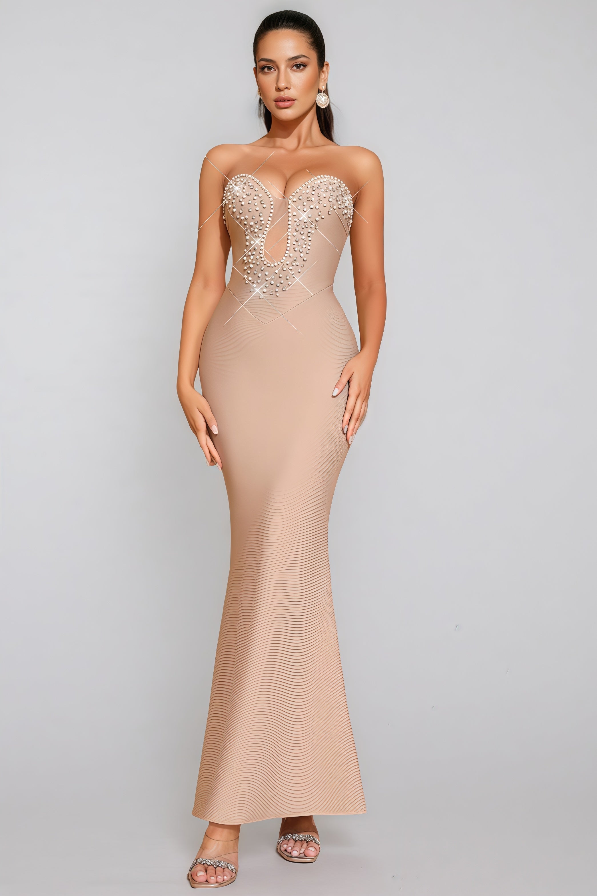 Pearl Rhinestone Sweetheart Plunge Illusion Mesh Bandage Mermaid Maxi Gown