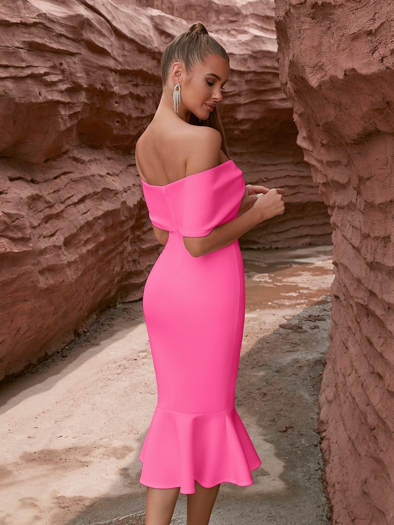 Off Shoulder Bow Front Fishtail Bodycon Midi Dress