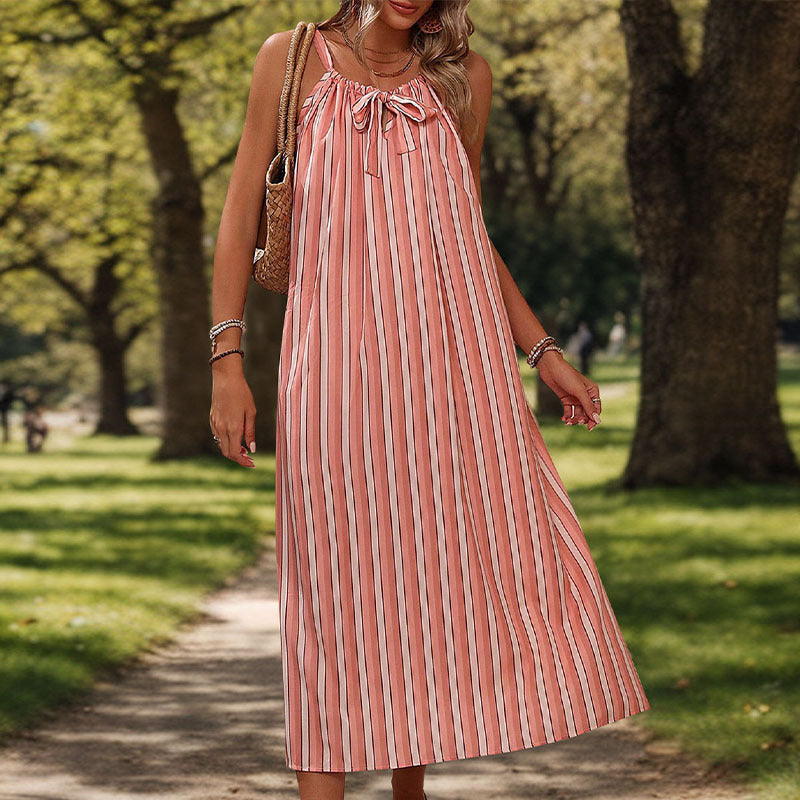 Vertical Striped Tie Neck Sleeveless Loose Fit Midi Sundress 2
