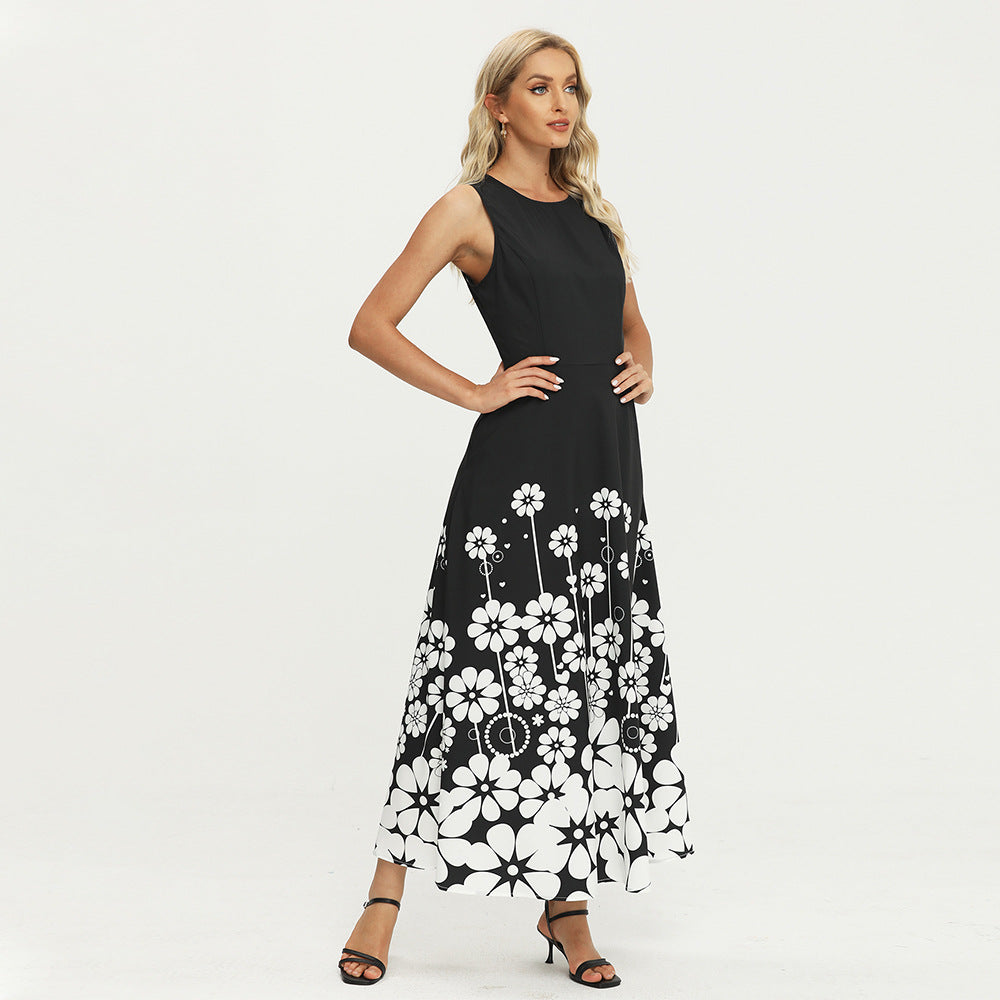 Printed Sleeveless Black Boho Dress