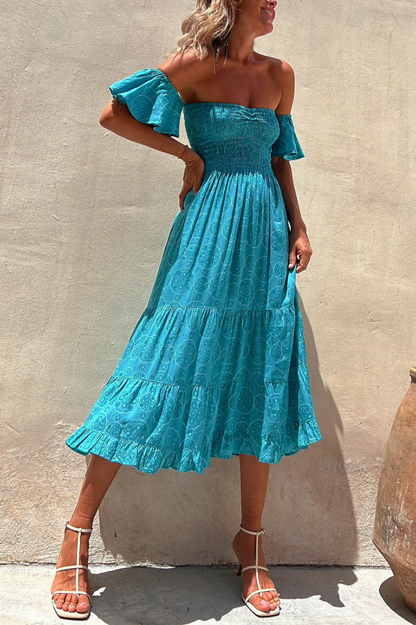 Summer Printed Elastic off Neck Large Swing Dress