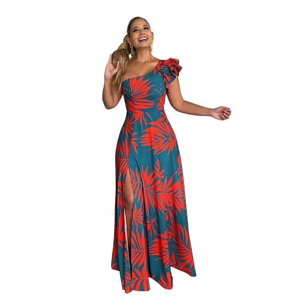Leaf Print One Shoulder Ruffle Strap High Split Maxi Dress 2