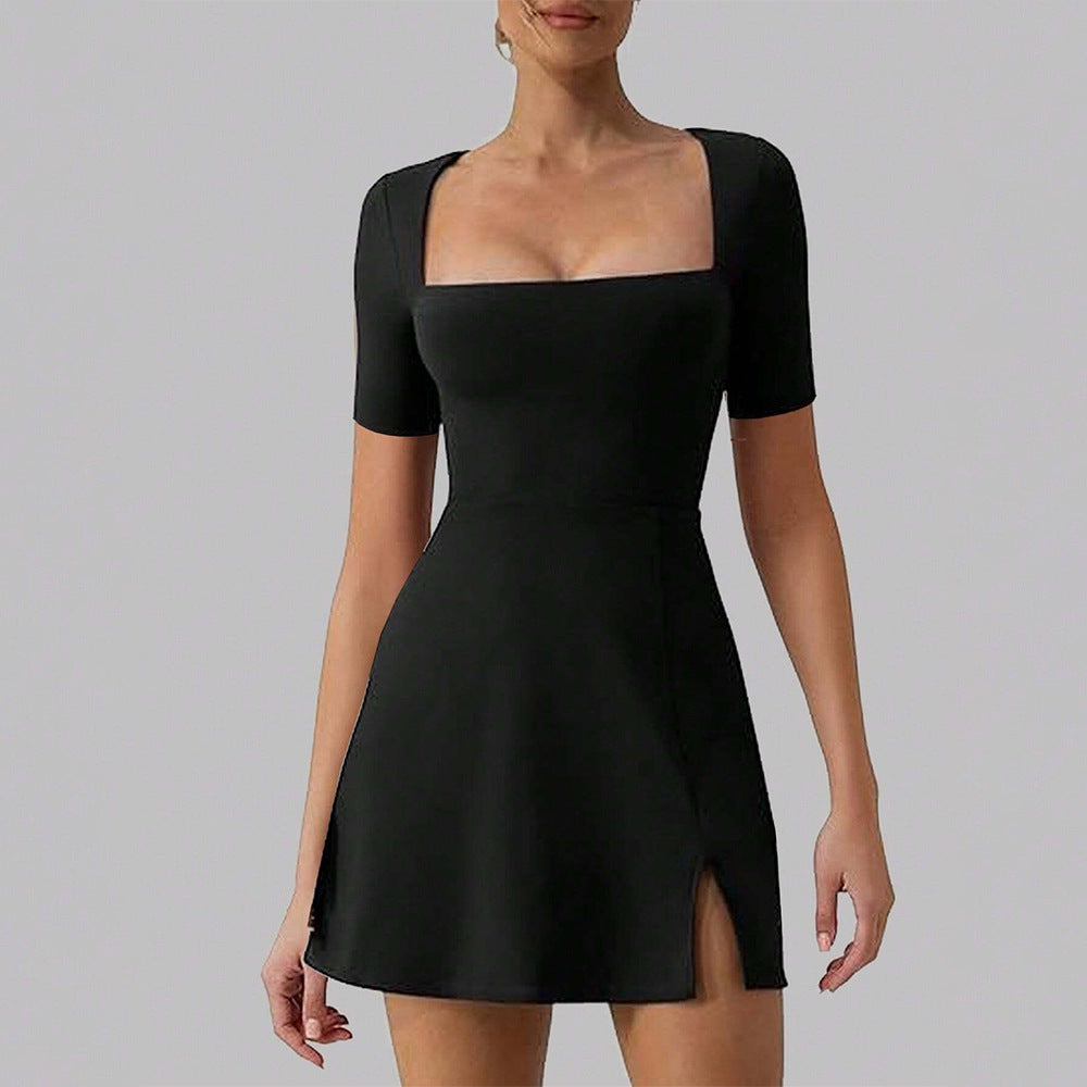 Sexy Elegant Square Cut Collar Slit Hemline Hem Waist Tight A Line Dress