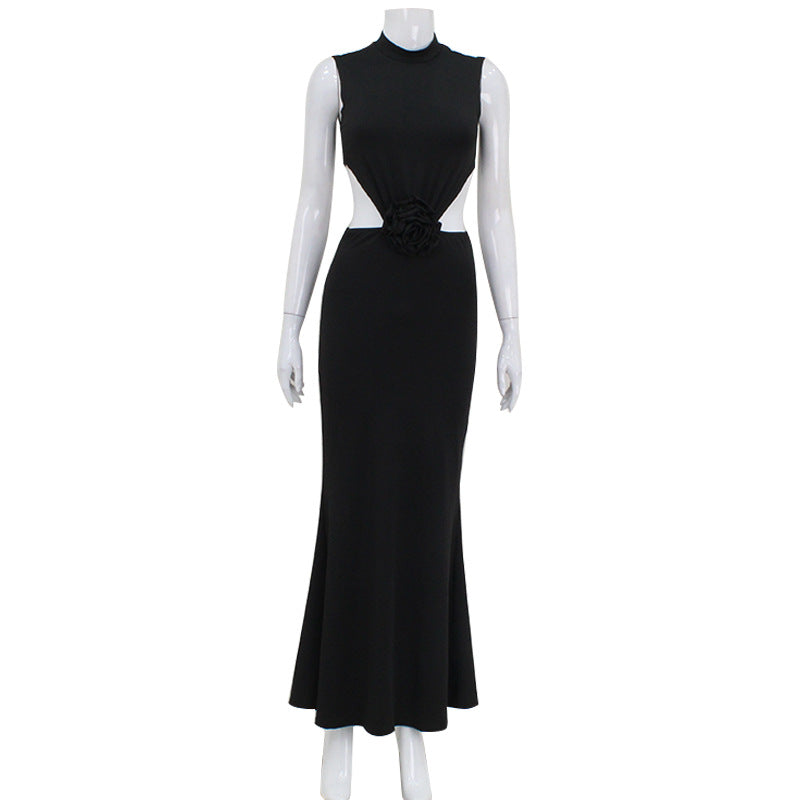Mock Neck Sleeveless Side Cut Out Rosette Waist Maxi Dress 4