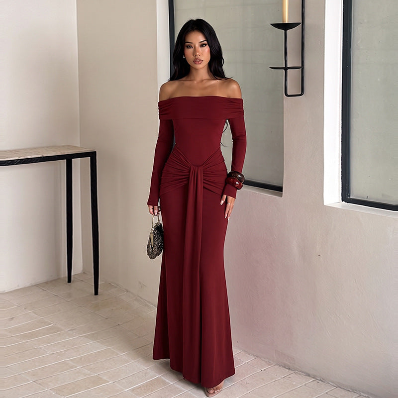 Autumn Winter off Shoulder Dress Sexy Sexy Pleated Ribbon Slim Dress