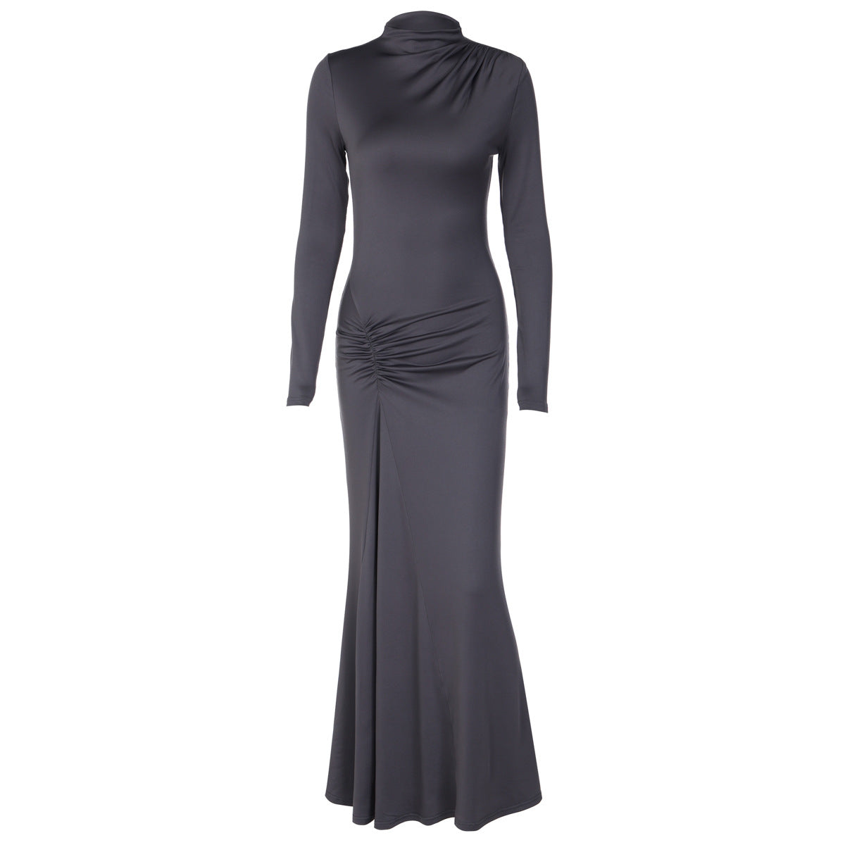 Fall Women Clothing Solid Color Long Sleeve Fishtail Dress Shrink Wrinkle Slim Elegant Dress