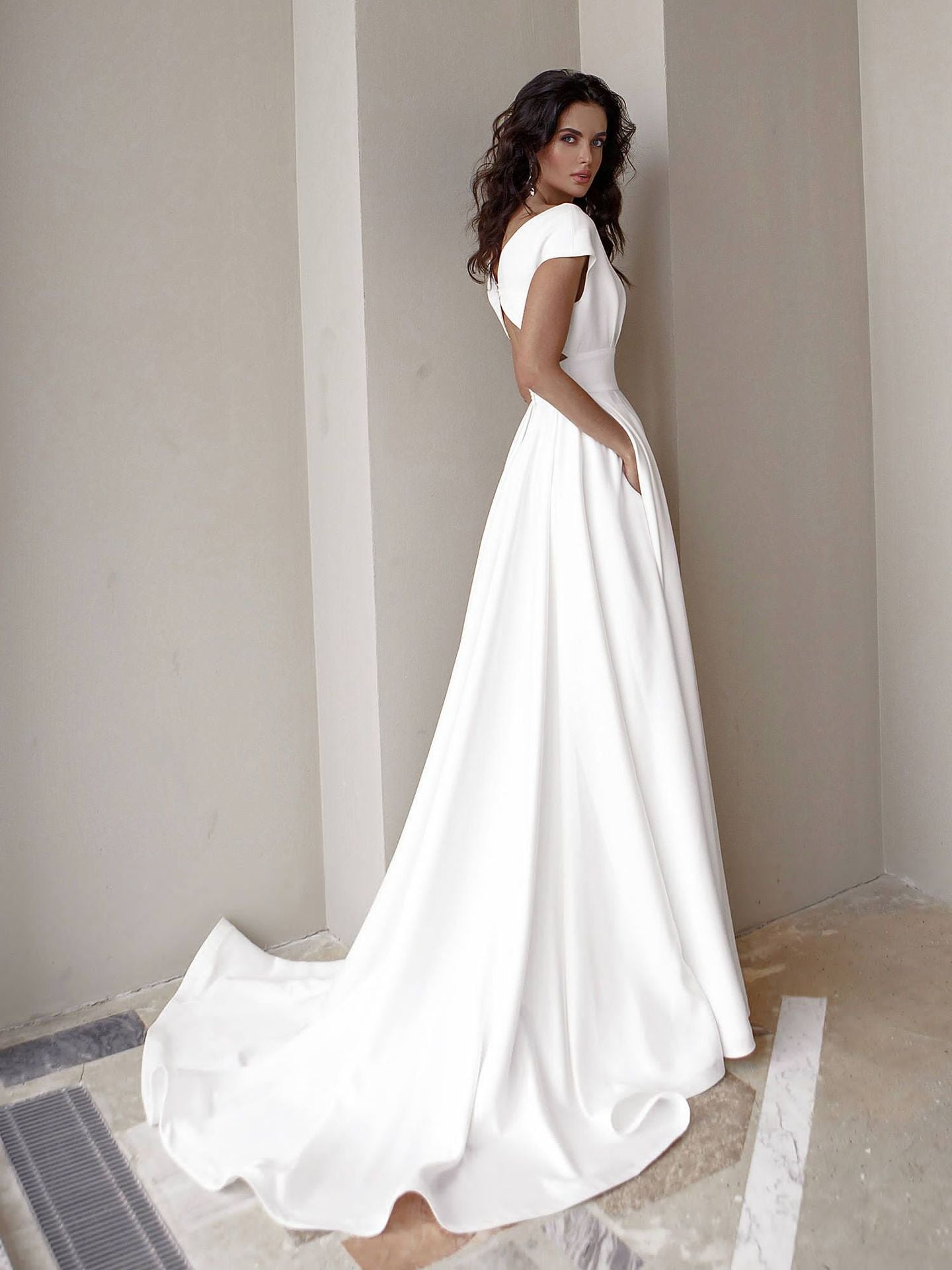 Deep V-Neck Draped Cap Sleeve High Waist High Split Pocket A-Line Formal Gown