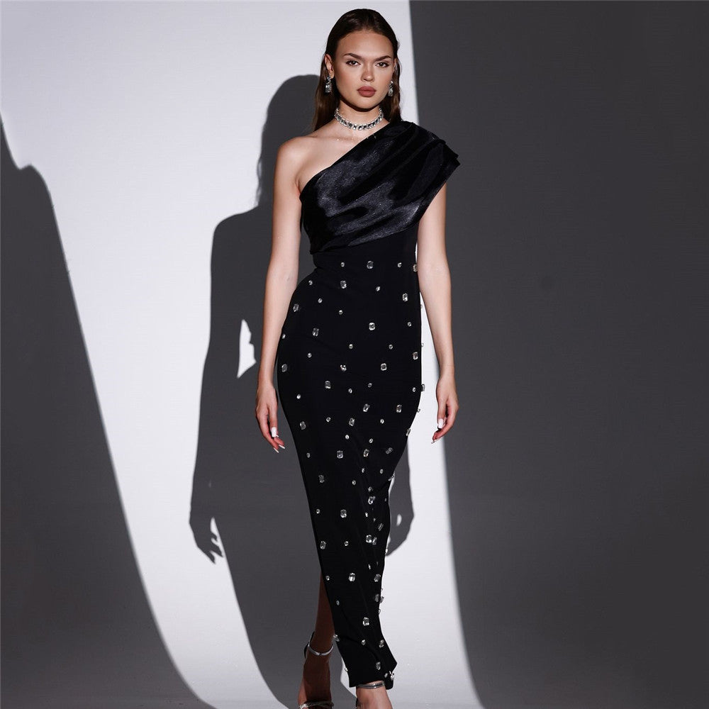 One Shoulder Ruffle Rhinestone Embellished Bandage Column Maxi Gown