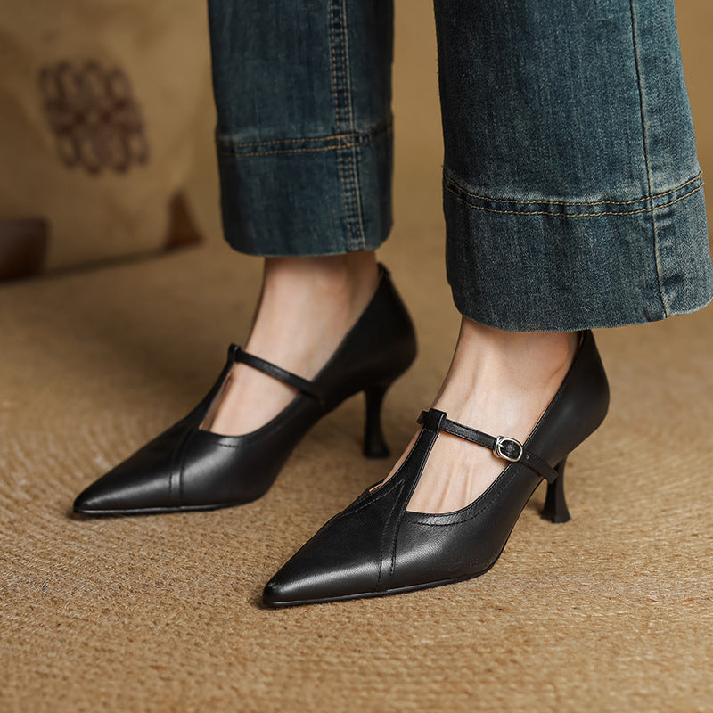 Pointed Toe T-Strap Buckle Stiletto Pumps